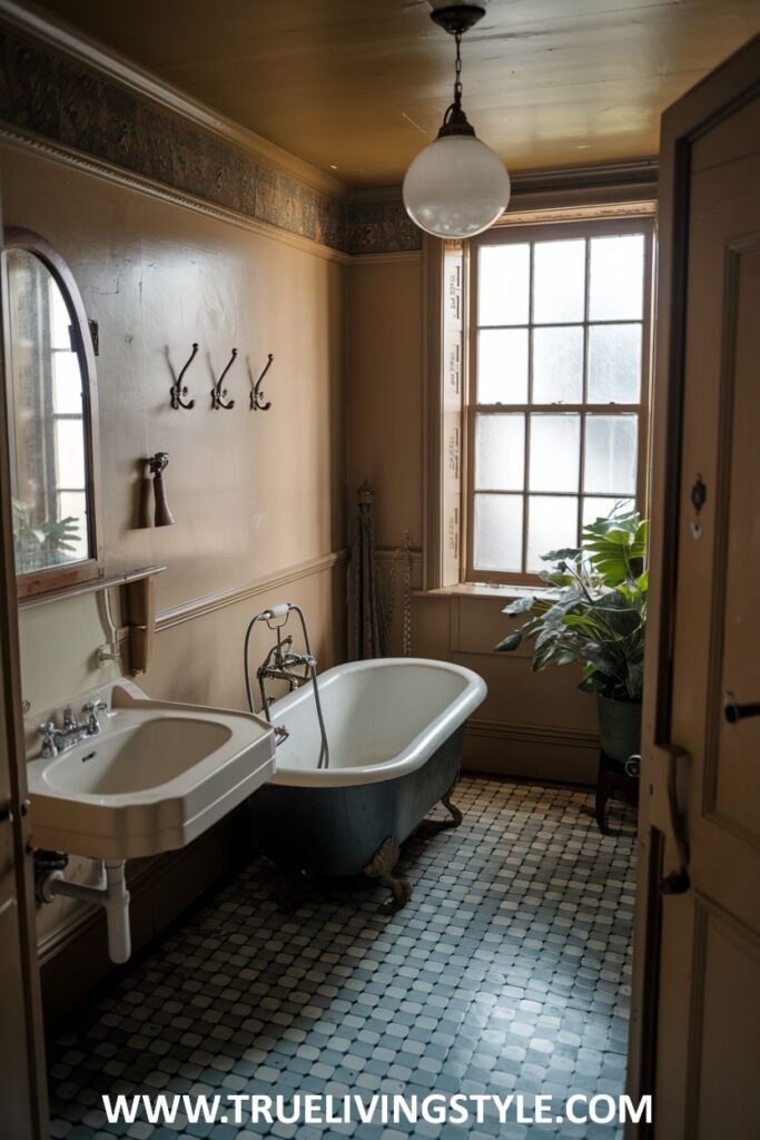 A cozy and intimate victorian bathroom with warm brown walls, patterned floor tiles, a clawfoot bathtub, a wall-mounted sink with ornate fixtures, and a plant.