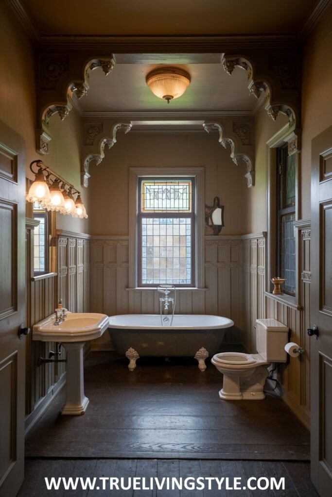 An ornate and detailed victorian bathroom with wood-paneled walls, a decorative archway, intricate ceiling trim, a clawfoot bathtub, a pedestal sink with period-style faucets, and a stained glass window.