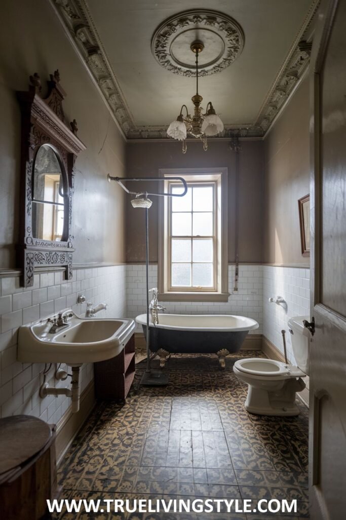 A classic victorian bathroom with white subway tiles on the lower walls, a clawfoot bathtub, an ornate chandelier, a traditional pedestal sink, and a toilet.