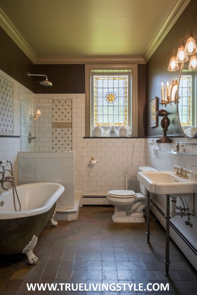 A richly textured victorian bathroom with dark brown walls, mosaic tile accents, a clawfoot bathtub with detailed feet, and a console sink.