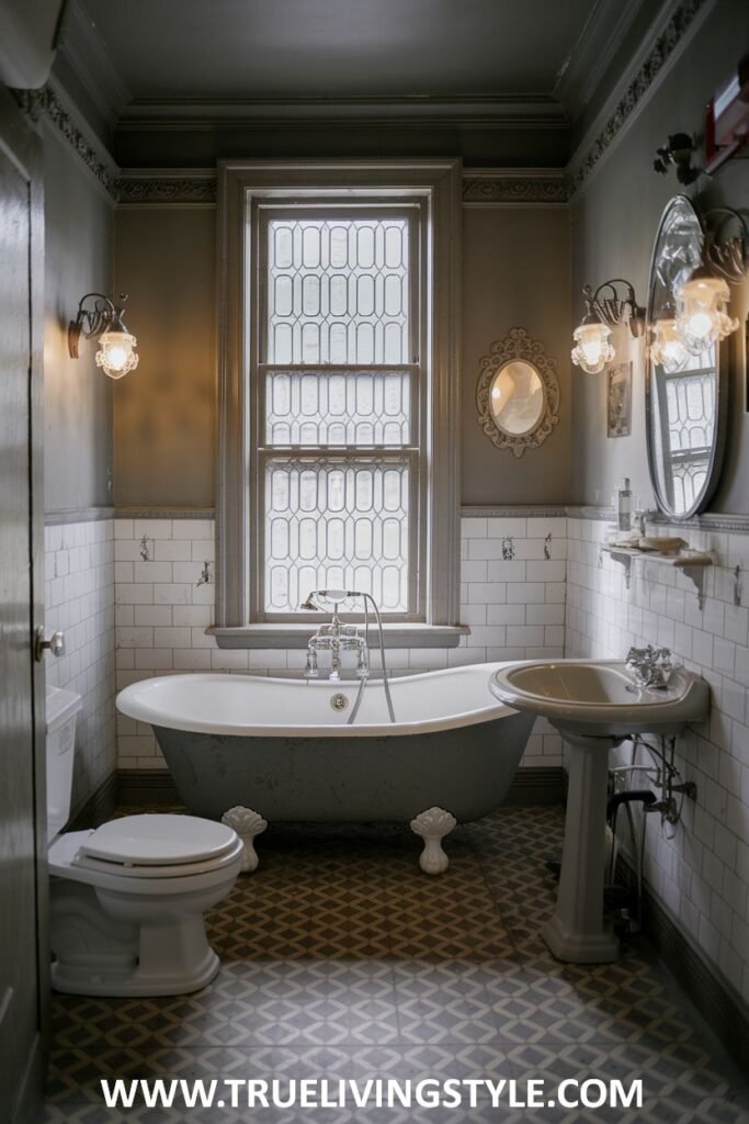 A serene grey victorian bathroom with patterned floor tiles, a clawfoot bathtub, a traditional pedestal sink, and sconce lighting on the walls.