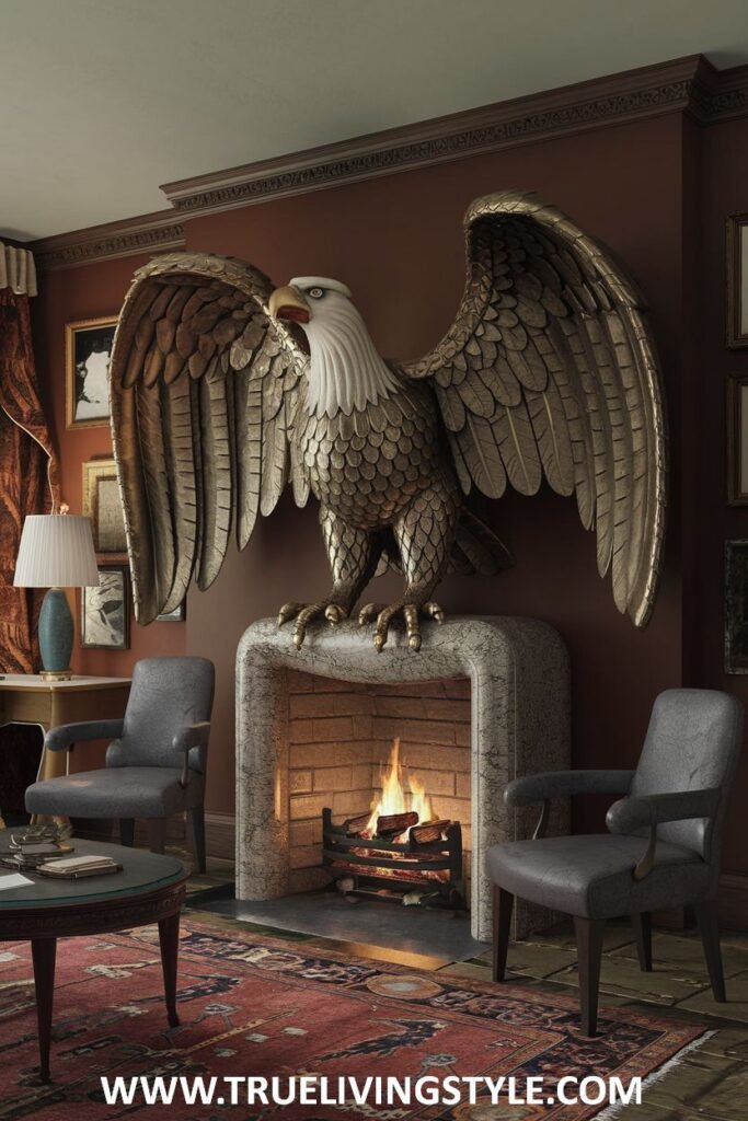 A grand living room featuring a white marble victorian fireplace with a large metallic eagle sculpture perched above it.