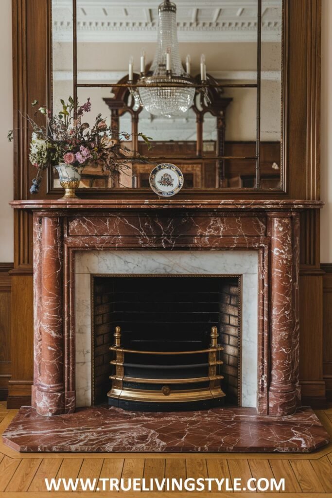 An opulent victorian fireplace made from reddish marble and accented with polished brass details.