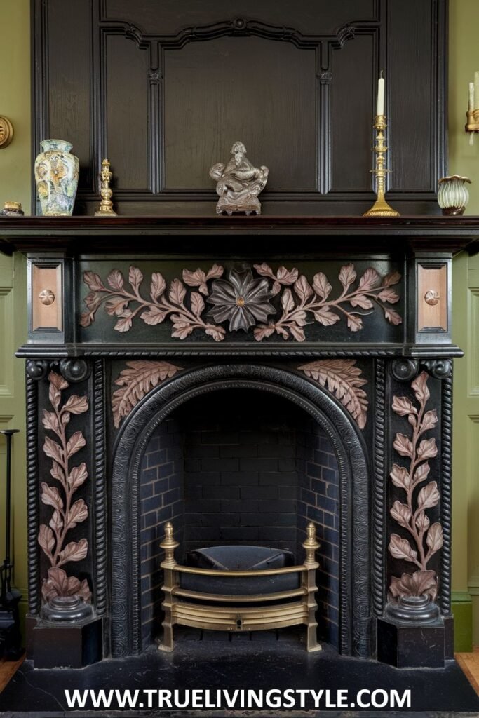 A dark wooden victorian fireplace with subtle copper leaf accents highlighting the foliate carvings.