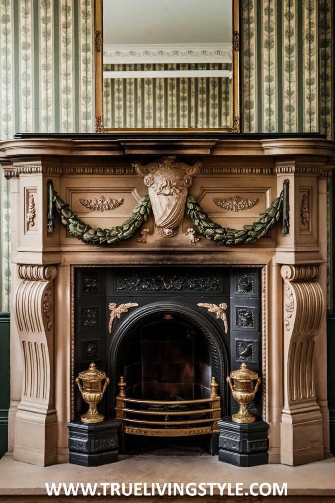 A grand victorian fireplace featuring a carved laurel wreath as a central decorative motif in light stone.