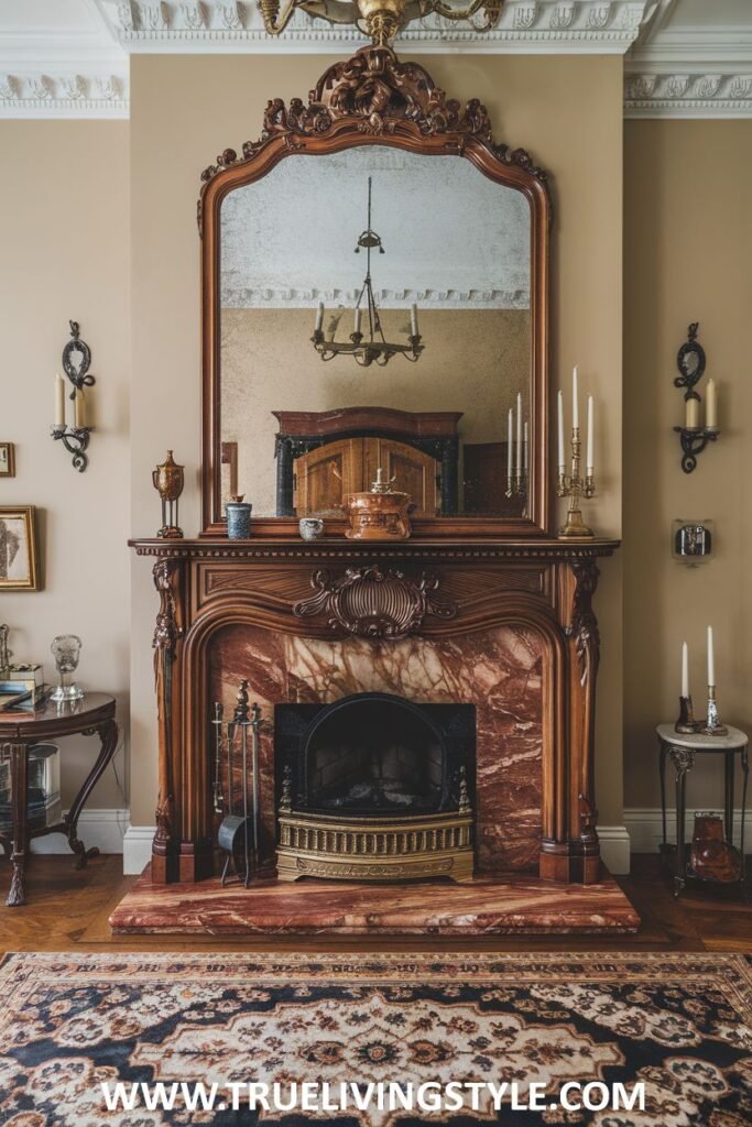 An elaborate victorian fireplace crafted from richly carved wood incorporating contrasting marble inlays and a large overmantel mirror.