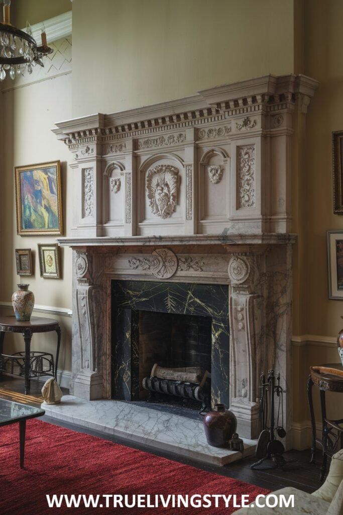 An imposing victorian fireplace made from light-colored stone featuring carved mask details on the substantial mantel.