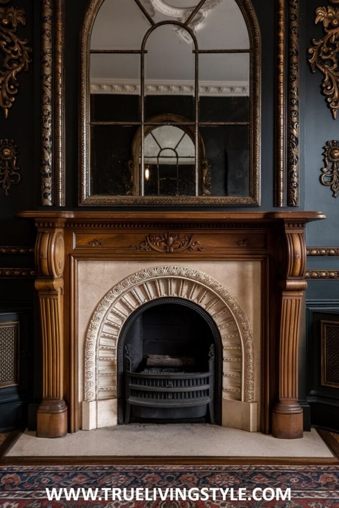 A refined victorian fireplace featuring a light-colored stone arched opening framed by dark wooden surrounds and a large multi-paned overmantel mirror.