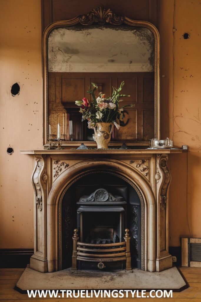 An ornate victorian fireplace with a carved wooden mantel and a large, slightly distressed overmantel mirror.