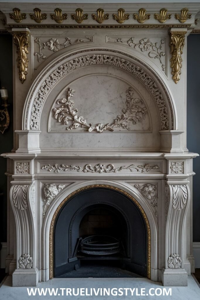 A lavish victorian fireplace made from white marble enhanced with ornate gold detailing and an arched opening.