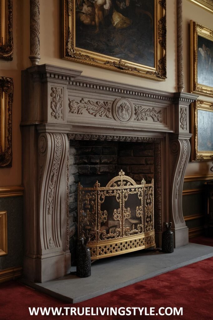 A rustic victorian fireplace constructed from rough-hewn stone featuring carved foliage details on the mantel supports.