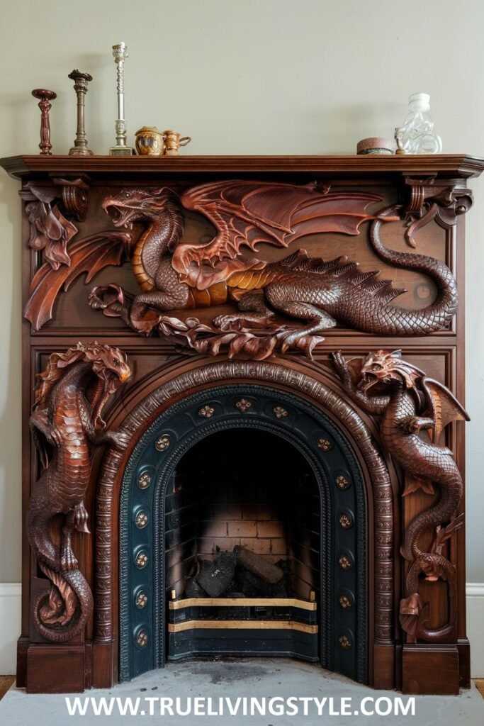 An ornate dark wooden victorian fireplace intricately carved with dragon motifs along the mantel and supports.