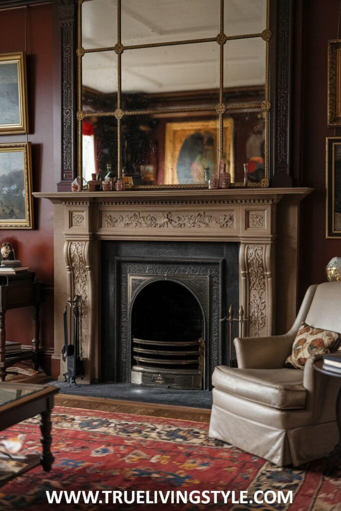 A subtly ornate victorian fireplace with delicate floral carvings on the mantel and an integrated overmantel shelf, topped with a mirror.