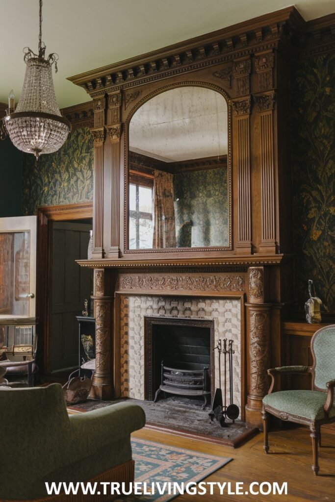 A grand victorian fireplace crafted from dark wood incorporating a large arched mirror as a central feature of the overmantel.