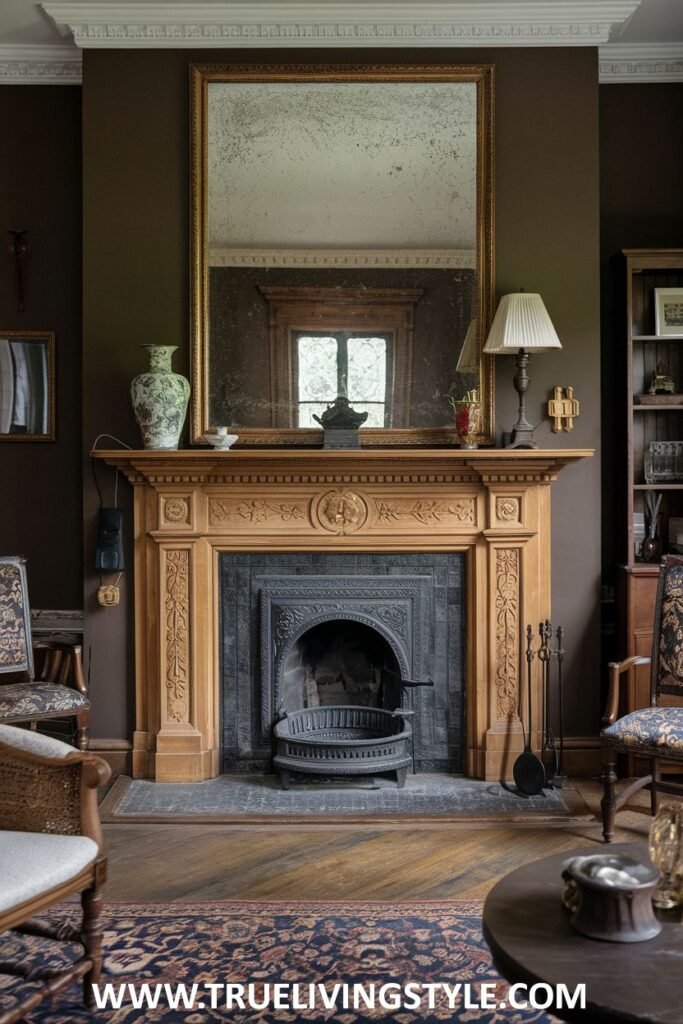 A classic victorian fireplace made from light-colored wood with a relatively simple mantelpiece and delicate carvings, below a mirror.