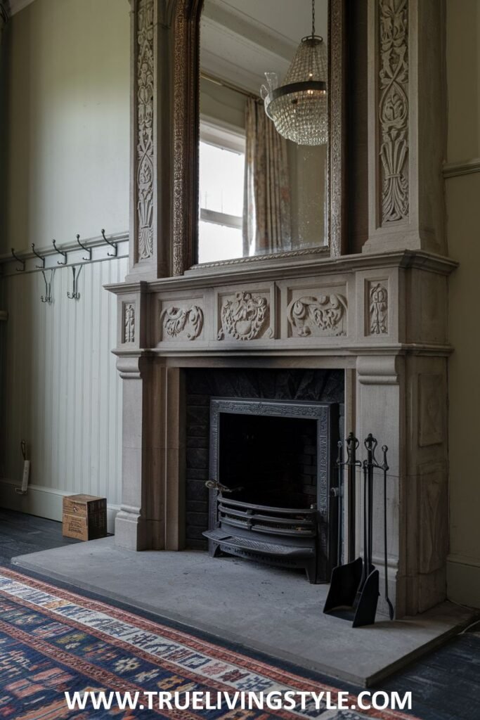 A stately victorian fireplace constructed from light-colored stone featuring carved heraldic details on the mantel, beneath a mirror.