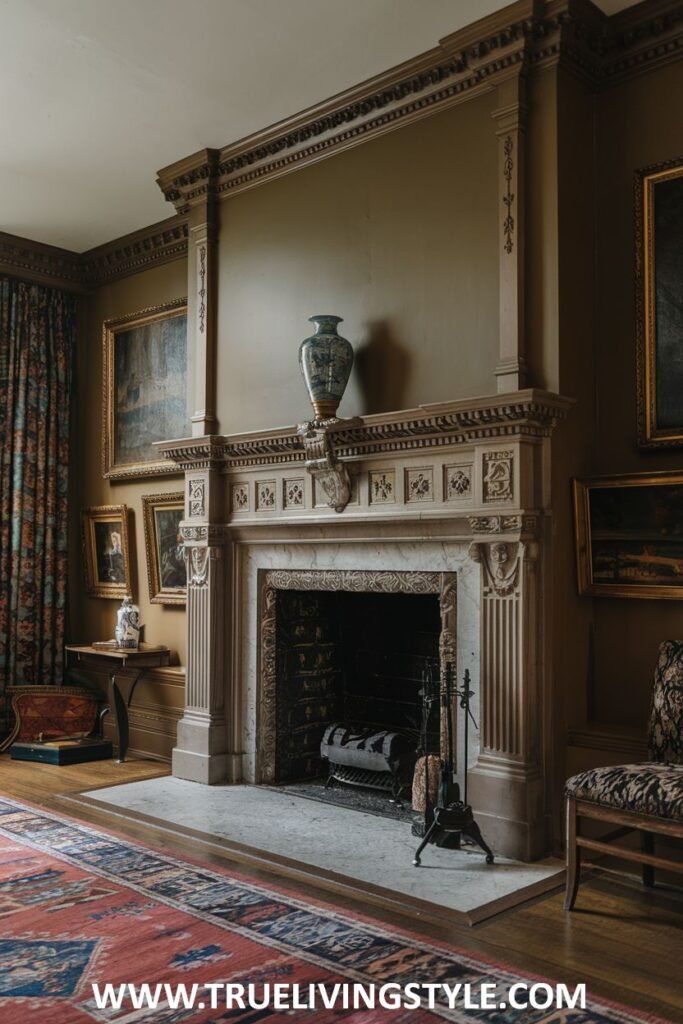 An elegant victorian fireplace with a tall mantelpiece supported by decorative pilasters.
