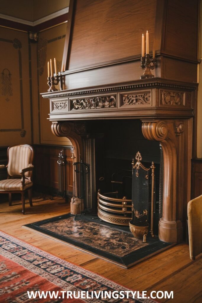 An impressive victorian fireplace crafted from dark wood featuring a prominent arched hood above the intricately carved mantel.