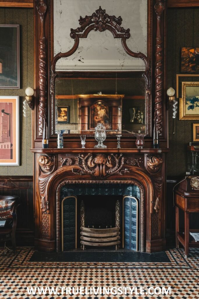 An ornate victorian fireplace crafted from richly carved dark wood featuring prominent curvilinear details and a large decorative overmantel mirror.