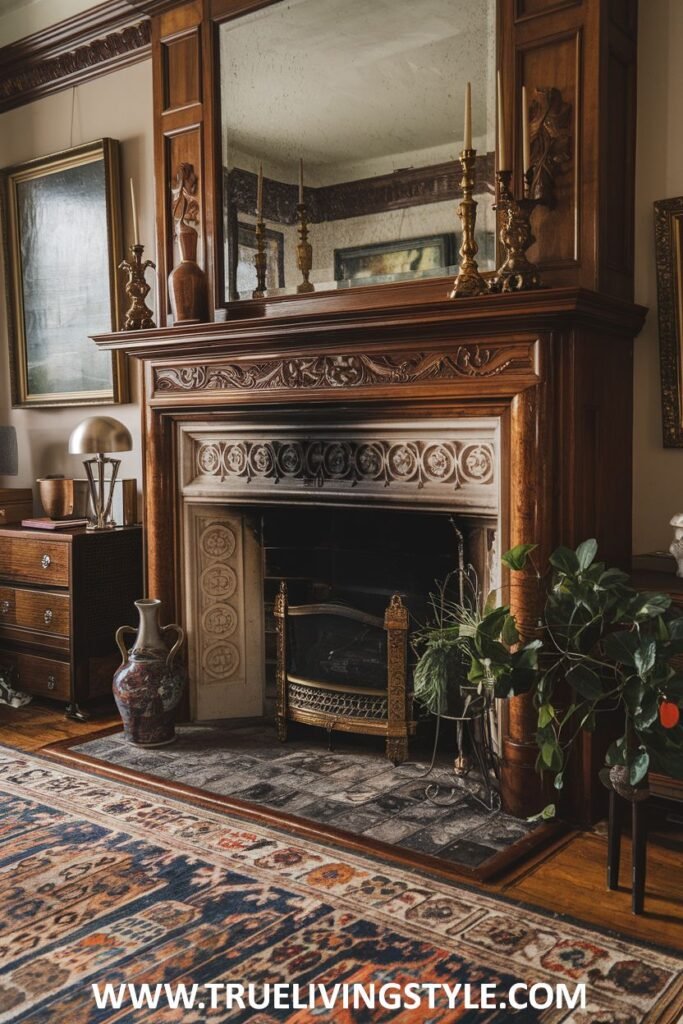 A carved wooden victorian fireplace with a contrasting white marble interior surround and an overmantel mirror.