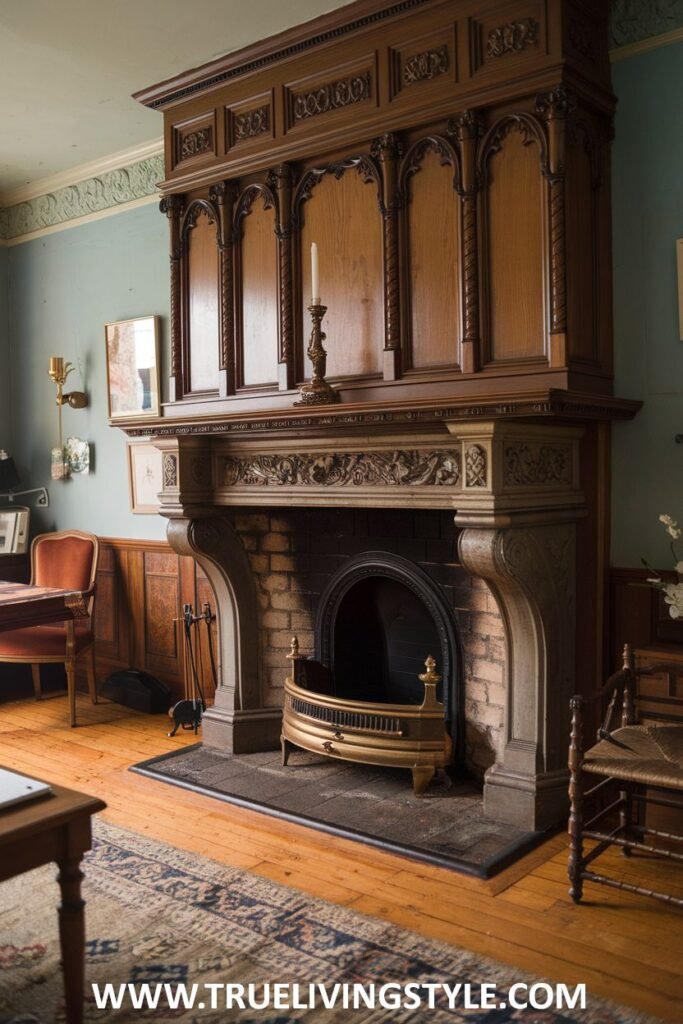 A grand victorian fireplace with a substantial panelled overmantel crafted from dark wood.