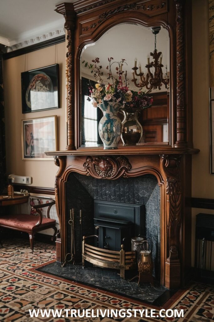 A dark, intricately carved wooden victorian fireplace with a large overmantel mirror above.