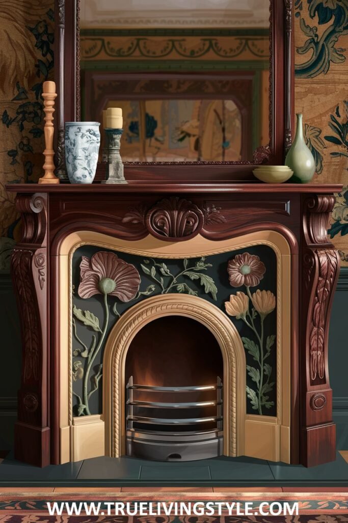 An artistic victorian fireplace featuring beautifully inlaid floral designs in contrasting colors around the arch.