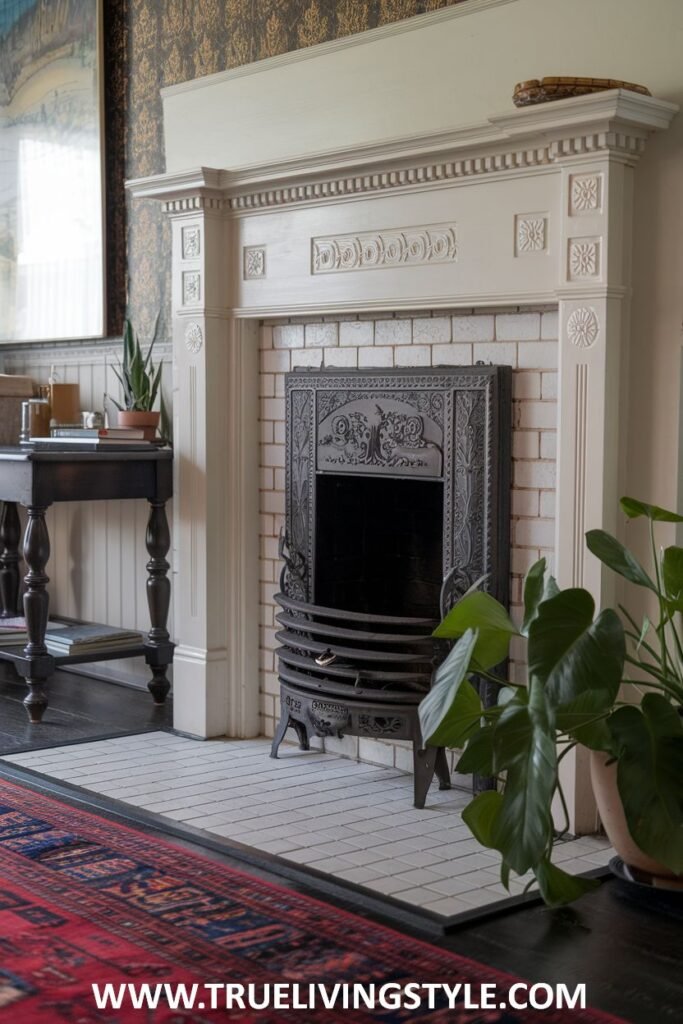 A simple and understated white victorian fireplace with a clean white tiled interior surround.