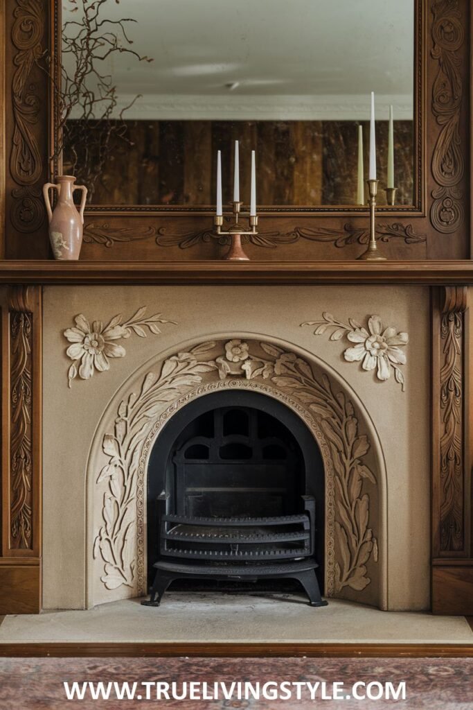 A carved light-colored stone victorian fireplace adorned with delicate floral reliefs around the arched opening.