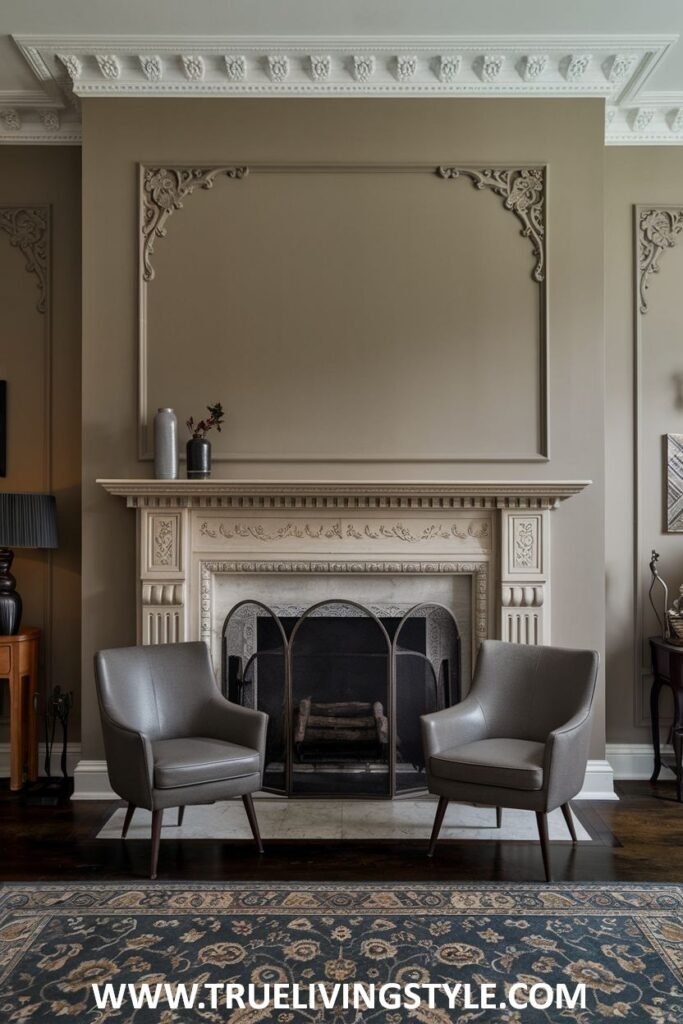 A formal white victorian fireplace with classic architectural moldings and minimalist decor.
