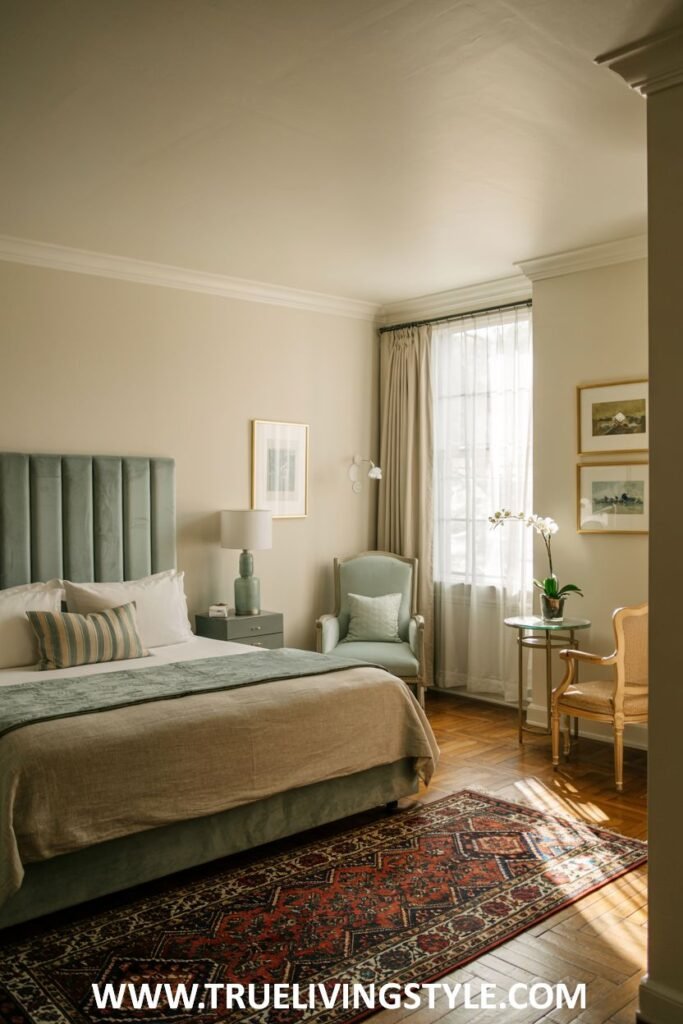 Simple and elegant guest bedroom with a focus on essential pieces, a neutral color scheme with subtle pops of color, a comfortable accent chair, a small side table, and a lamp.