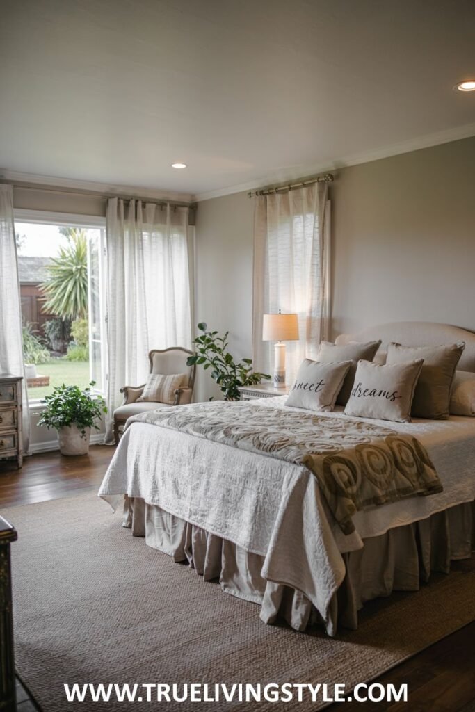 Natural and earthy guest bedroom with green accents, natural materials like linen and wood, plants, comfortable bedding, and soft lighting.