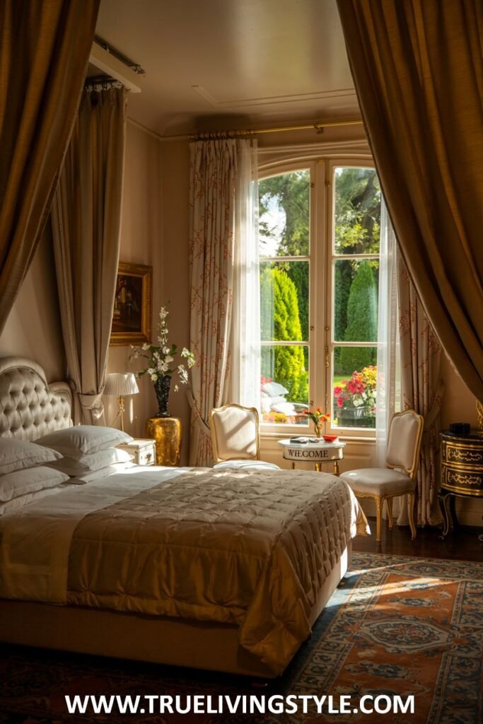 Elegant guest bedroom with gold accents in lighting, artwork, and accessories, luxurious fabrics, and a refined color palette.