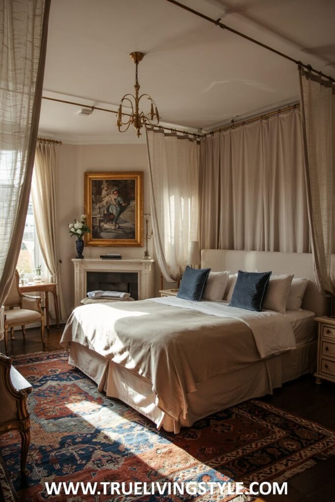 Traditional four-poster guest bedroom with a cozy fireplace, comfortable bedding, rich textiles, and traditional artwork and lighting.