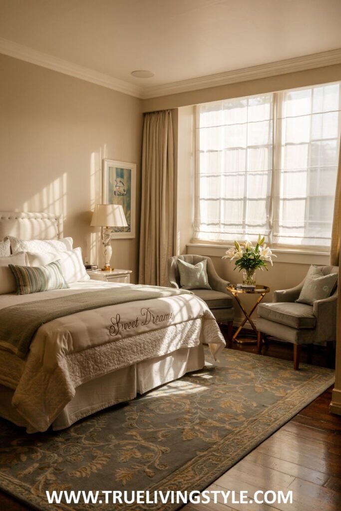 Serene guest bedroom with a comfortable sitting nook by a window, soft and calming colors, comfortable armchairs and a small table, and maximized natural light.