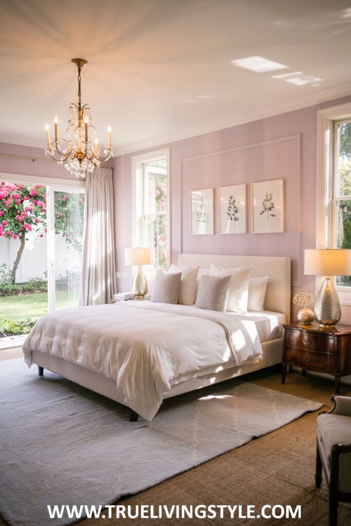 Bright and cheerful guest bedroom with garden views through French doors, light and airy window treatments, a light and refreshing color palette, and colorful accents.