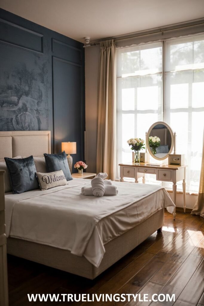 Serene blue and white guest bedroom with a bed featuring plush blue velvet pillows and a "Welcome" cushion, rolled white towels, a bedside table with a lamp and flowers, and large windows with sheer curtains.