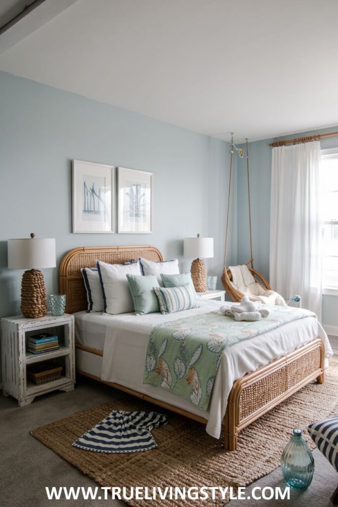 Relaxed coastal style guest bedroom with a rattan bed frame, white linens, light blue and white striped pillows, a seashell throw, a hammock chair, and a natural fiber rug.