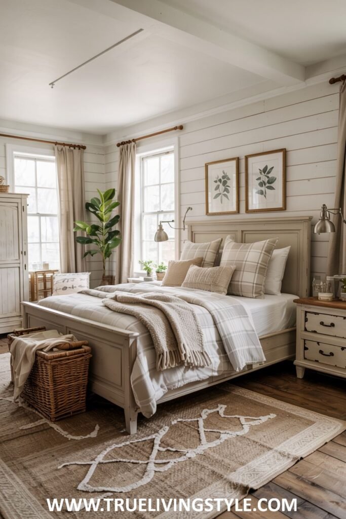 Warm and rustic farmhouse guest bedroom with a wooden bed frame, neutral plaid bedding, cozy throws and pillows, wooden nightstands, rustic artwork, and a woven basket.
