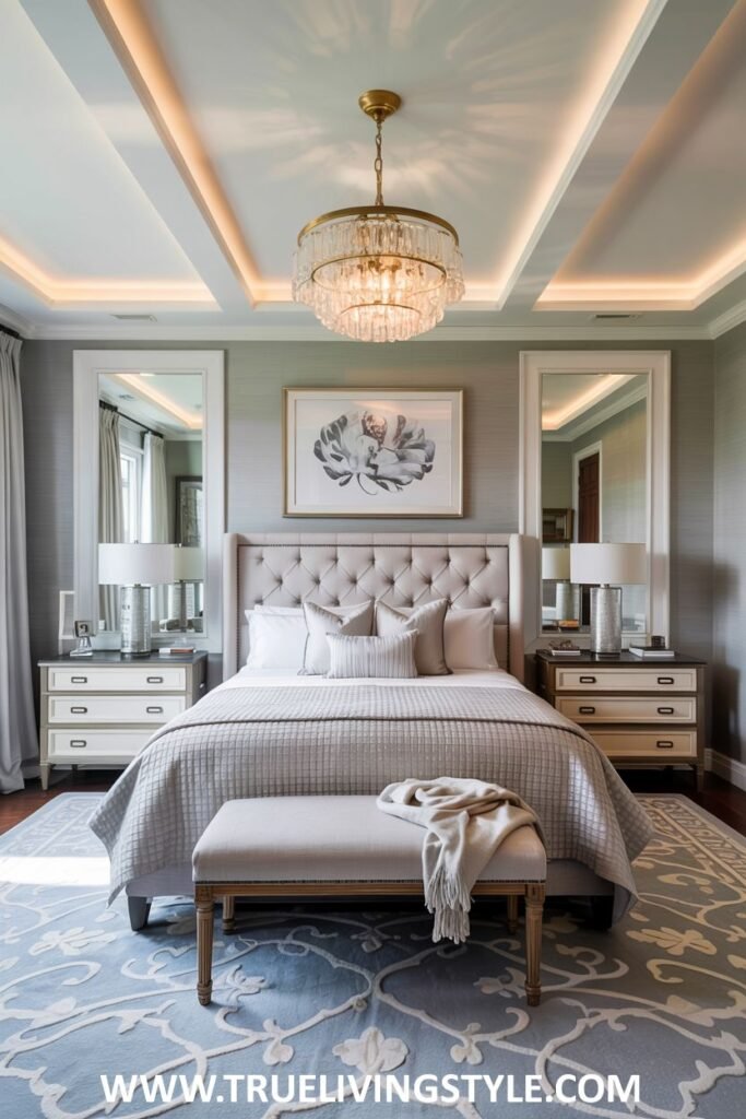 Modern glam guest bedroom featuring a tufted headboard, neutral bedding, mirrored nightstands, strategically placed mirrors, a crystal chandelier, and a stylish bench.