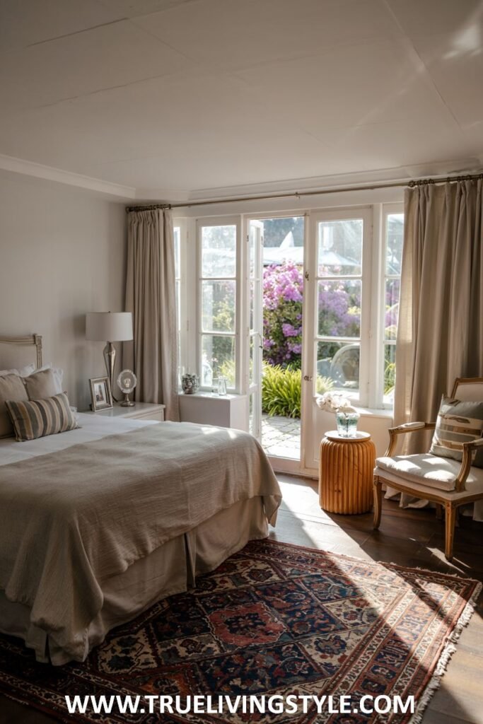 Guest bedroom with a garden view through French doors, natural light, natural materials and textures, and a comfortable chair near the window.
