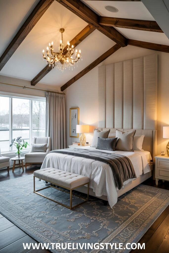 Grand guest bedroom with a vaulted ceiling with wooden beams, a tall upholstered headboard, a comfortable bench, and a muted color palette.