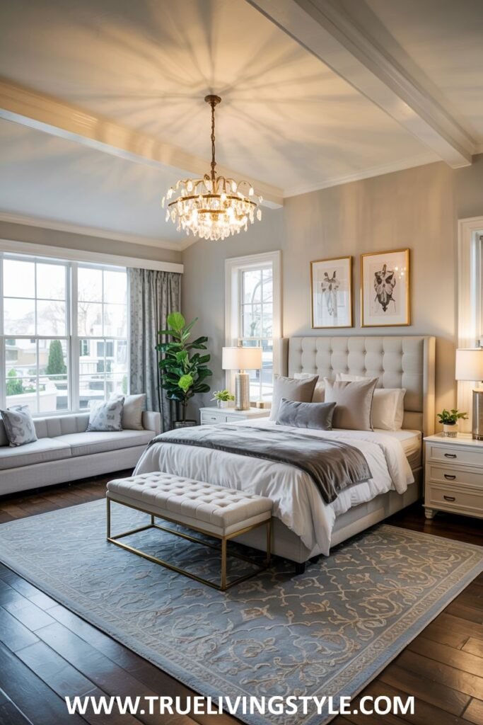 Bright and airy guest bedroom with a comfortable sitting area, light-colored bedding and accent pillows, a sofa or armchairs near a window, plants, and artwork.