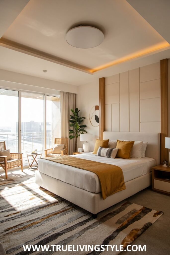 Minimalist guest bedroom with warm wood tones, a neutral color palette, clean lines in furniture, and ample natural light.