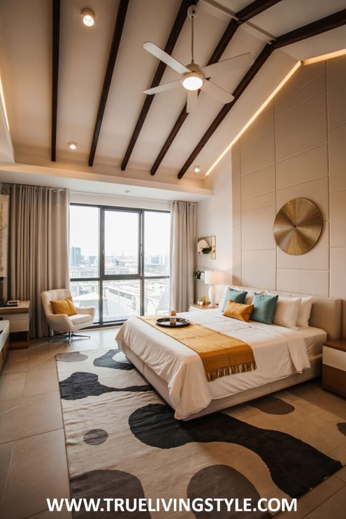 Contemporary guest bedroom with a bold and graphic area rug, simple decor, modern furniture with clean lines, and pops of color in accent pillows and artwork.