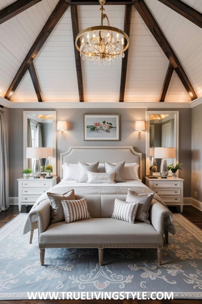 Sophisticated guest bedroom with a symmetrical design, matching nightstands and lamps, central artwork above the headboard, and a bench at the foot of the bed.