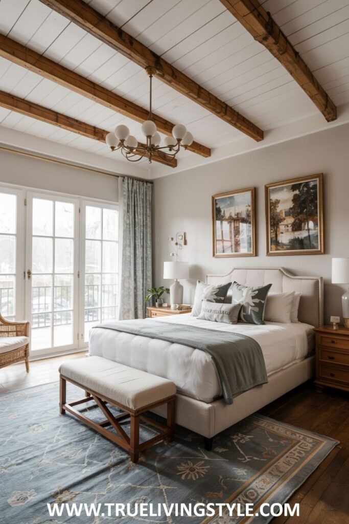 Cozy guest bedroom with exposed wooden beams, soft neutral bedding with textured throws, a wooden bench, artwork, and personal touches.