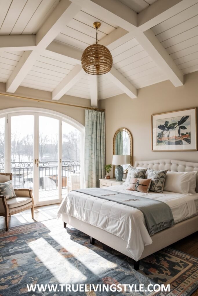 Light-filled guest bedroom with balcony access, light and airy window treatments, comfortable seating near the balcony, and a calming color palette.