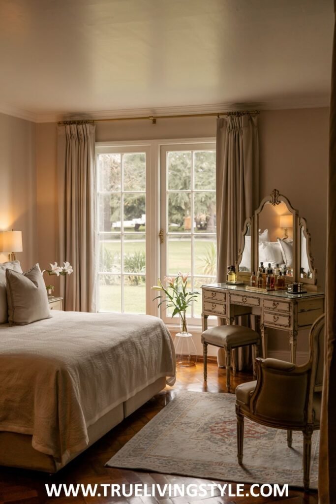 Traditional guest bedroom with a comfortable bed, a functional vanity area with a dresser, mirror, and stool, traditional furniture styles, and a soothing color palette.