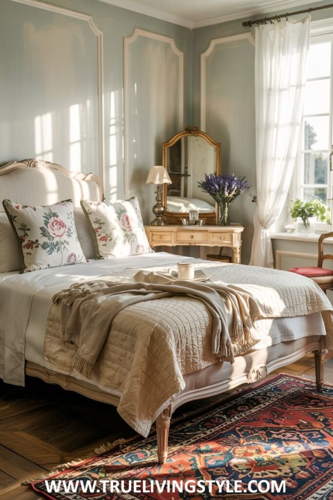 Charming guest bedroom with floral accents in pillows, a cozy quilt, a bedside table with a lamp and fresh flowers, and light and airy window treatments.